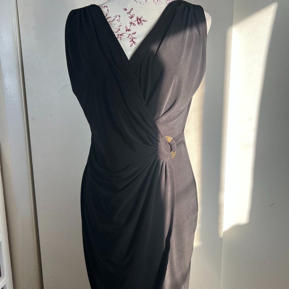 Jones New York Black Faux Wrap Dress Size 8 Gold Detail Workwear Date Night Midi